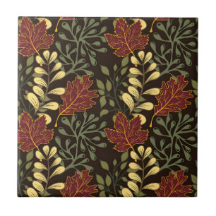 Autumn Oak Leaves Pattern in Maroon and Yellow Ceramic Tile