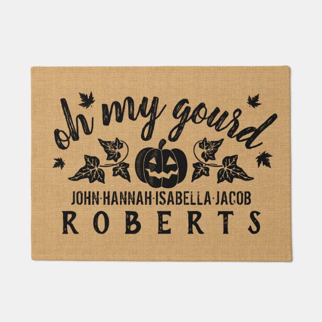 Autumn Oh My Gourd Custom Rustic Burlap Fall Doormat (Front)