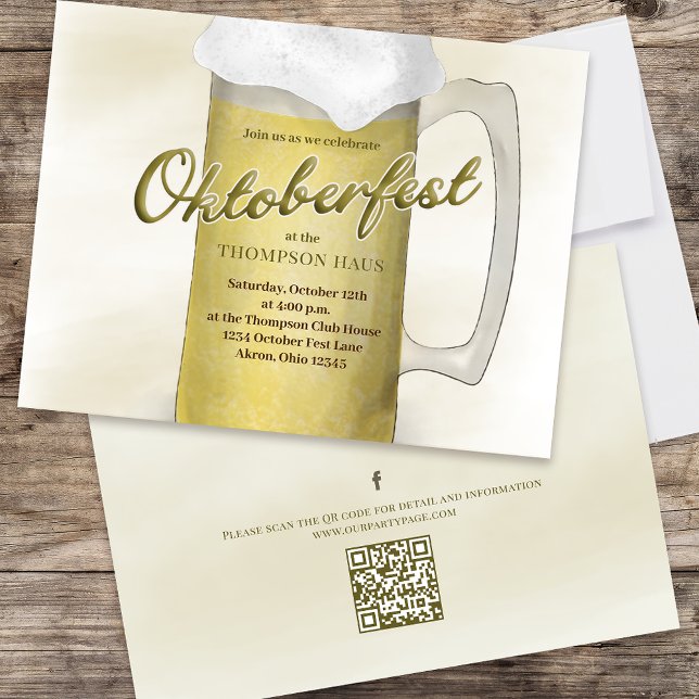 Autumn Oktoberfest Beer Custom Invitation (Double-sided Oktoberfest invitation with QR code and Facebook icon)
