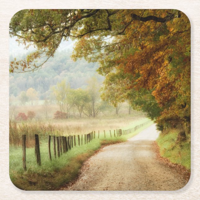 Autumn on a Country Road Square Paper Coaster (Front)