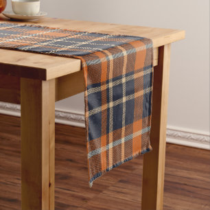 Autumn Orange and Blue Checked Plaid Long Table Runner