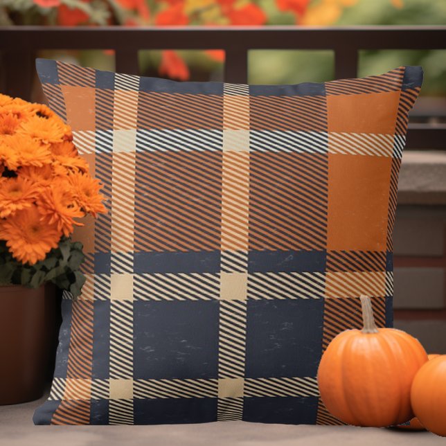 Autumn Orange and Blue Plaid Cushion (Autumn Orange and Blue Plaid Throw Pillow)