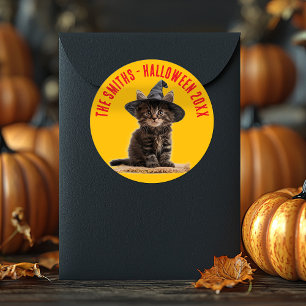 Autumn Orange And Red Kitten Witch Halloween Classic Round Sticker