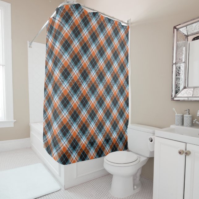Autumn Orange Blue Plaid Pattern Shower Curtain (In Situ)
