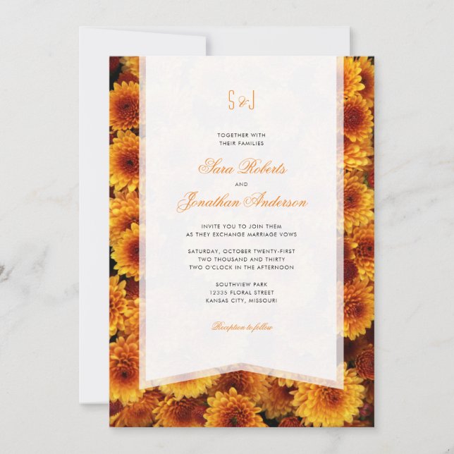 Autumn Orange Chrysanthemums Monogram Wedding Invitation (Front)