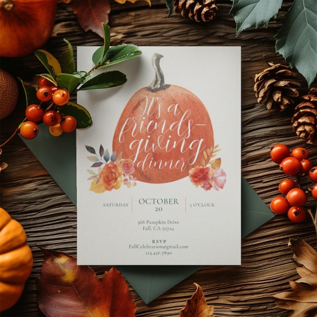 Autumn Orange Friendsgiving Watercolor Pumpkin Invitation (Creator Uploaded)