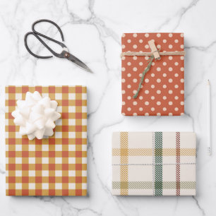Autumn Orange Gingham, Polkadot & Plaid Wrapping Paper Sheet