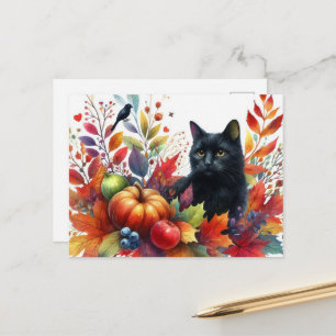 Autumn Orange Leaves and Black Cat Postcard