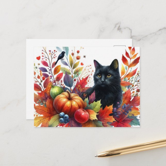 Autumn Orange Leaves and Black Cat Postcard (Front/Back In Situ)