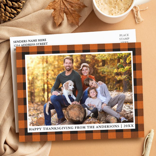 Autumn Orange Plaid Photo Happy Thanksgiving Postcard (Customize to change text size or text style.)