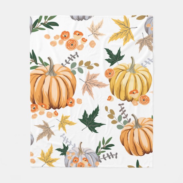 Autumn orange pumpkin and flowers pattern fleece blanket (Front)