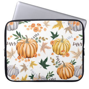 Autumn orange pumpkin and flowers pattern laptop sleeve