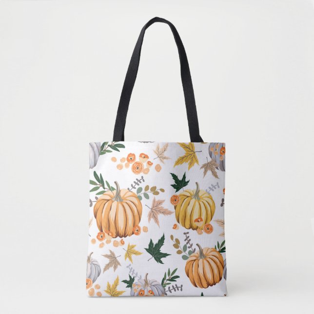 Autumn orange pumpkin and flowers pattern tote bag (Front)