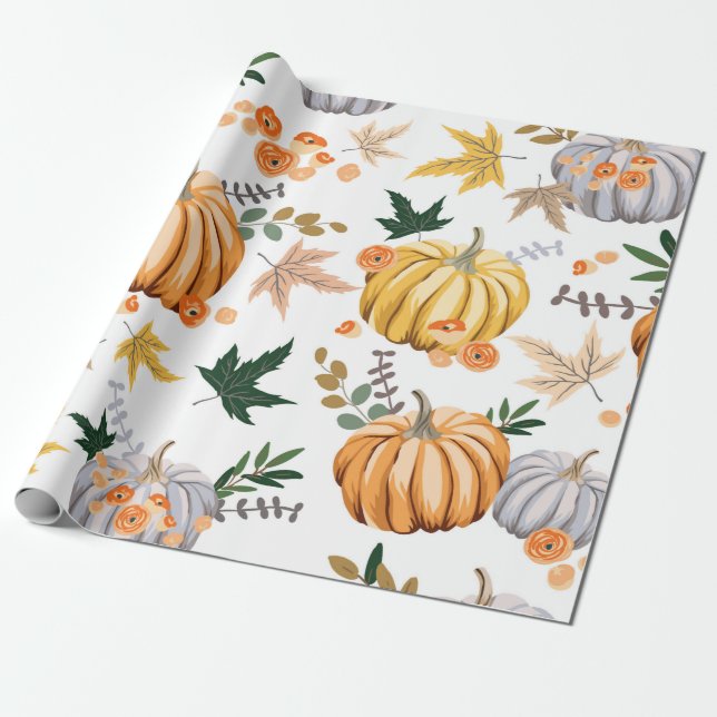 Autumn orange pumpkin and flowers pattern wrapping paper (Unrolled)