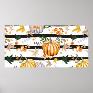 Autumn orange pumpkins, flowers, leaves, striped b poster