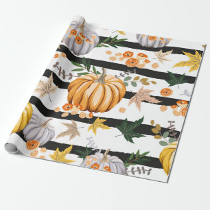 Autumn orange pumpkins, flowers, leaves, striped b wrapping paper