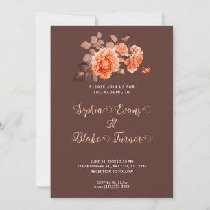 Autumn Orange Roses Bouquet Brown Wedding Invitation