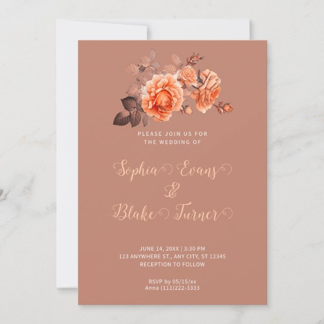Autumn Orange Roses Bouquet Brown Wedding Invitation (Front)