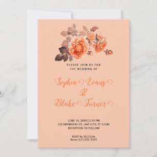 Autumn Orange Roses Bouquet Peach Wedding Invitation