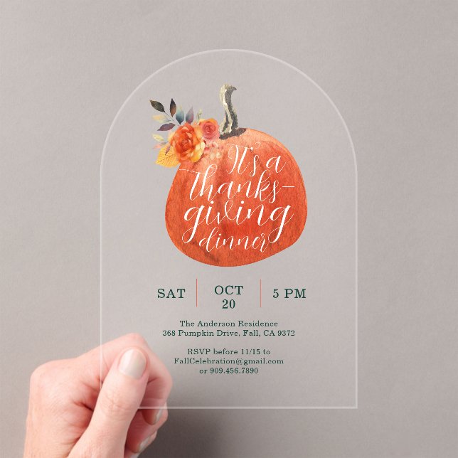 Autumn Orange Thanksgiving Watercolor Pumpkin  Acrylic Invitations (Insitu (Handheld))