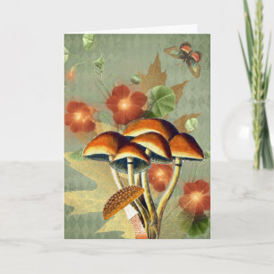 Autumn Orange Vintage Mushrooms & Butterfly Note Card