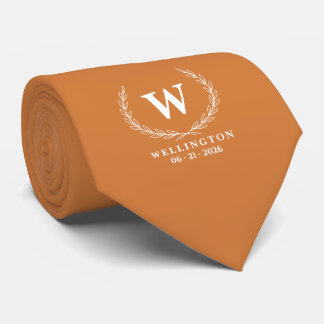 Autumn Orange White Laurel Monogram Wedding Name Tie