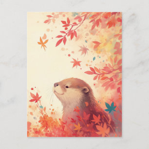 Autumn Otter in Red Maple Leaves Postcard