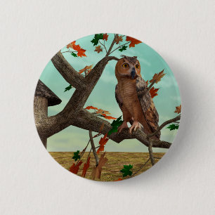 Autumn Owl Maple Tree Wildlife Art 6 Cm Round Badge