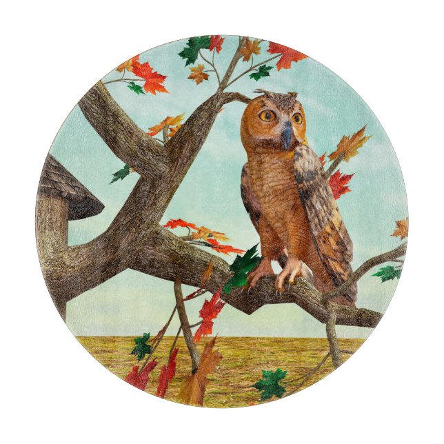 Autumn Owl Maple Tree Wildlife Art Cutting Board (Front)