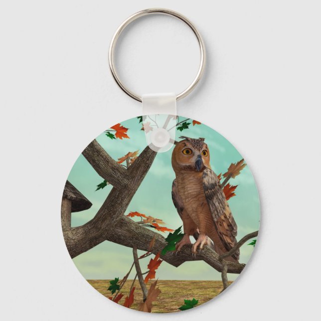 Autumn Owl Maple Tree Wildlife Art Key Ring (Front)