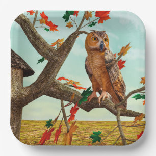 Autumn Owl Maple Tree Wildlife Art Paper Plate