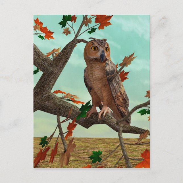 Autumn Owl Maple Tree Wildlife Art Postcard (Front)
