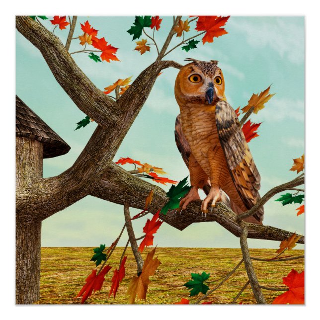 Autumn Owl Maple Tree Wildlife Art Poster (Front)