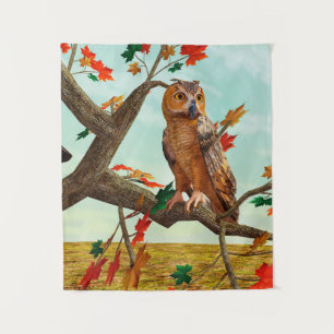 Autumn Owl Maple Tree Wildlife Art Tapestry