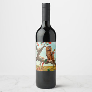 Autumn Owl Maple Tree Wildlife Art Wine Label