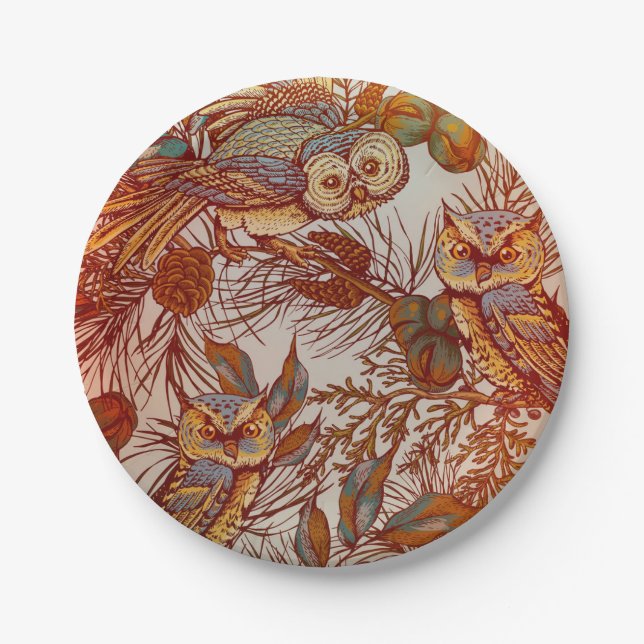 Autumn owl vintage fall paper plate (Front)