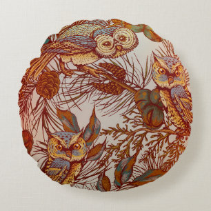 Autumn owl vintage fall round cushion