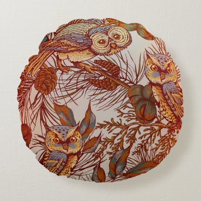 Autumn owl vintage fall round cushion (Front)