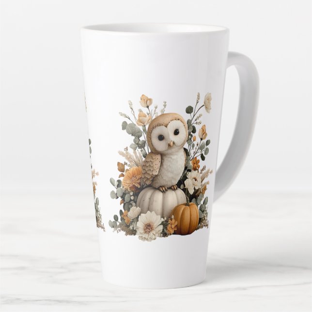 Autumn Owl with Pumpkins Halloween Art Latte Mug (Right Angle)
