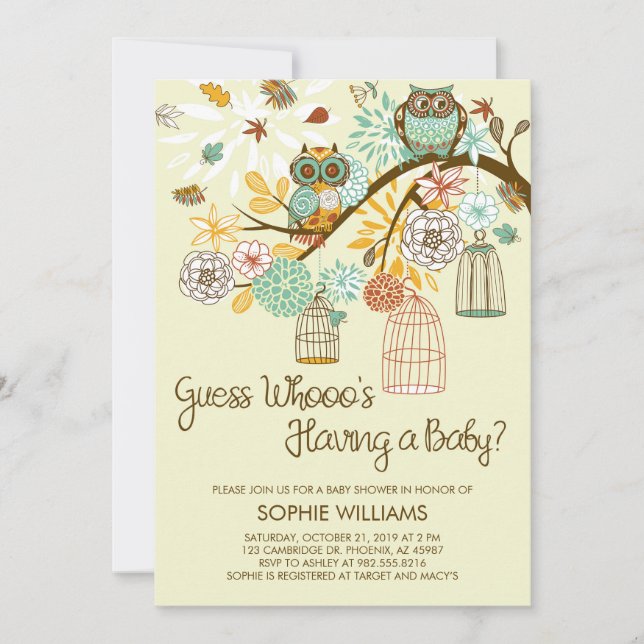 Autumn Owls and Bird Cages Baby Shower Invitation (Front)