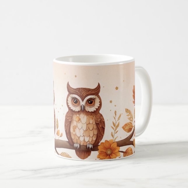 Autumn Owls and Floral Elegance Coffee Mug (Front Right)