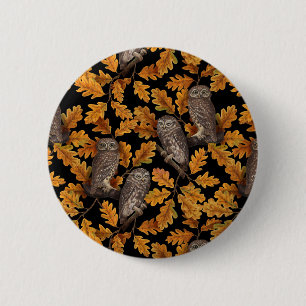 Autumn owls on black 6 cm round badge