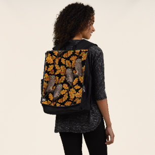 Autumn owls on black backpack