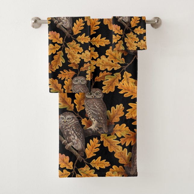 Autumn owls on black bath towel set (Insitu)