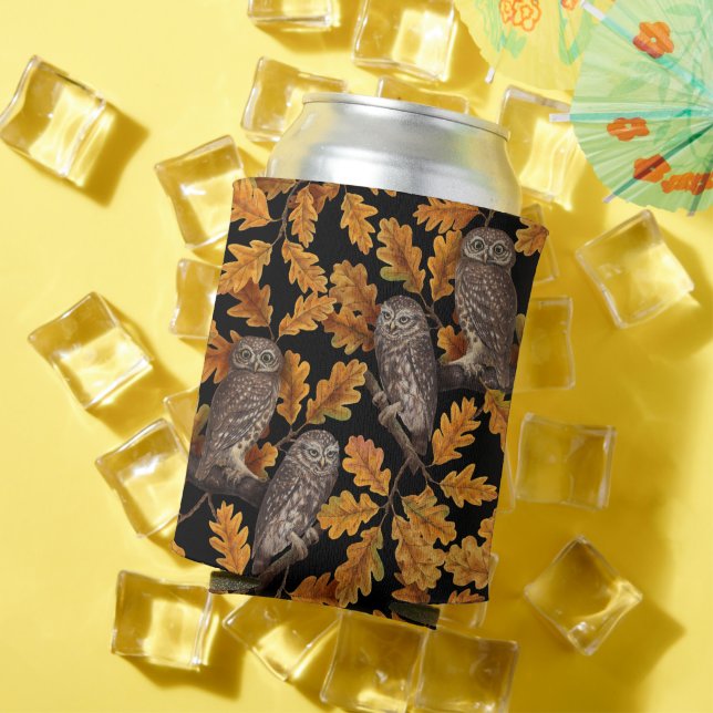 Autumn owls on black can cooler (In Situ Summer)