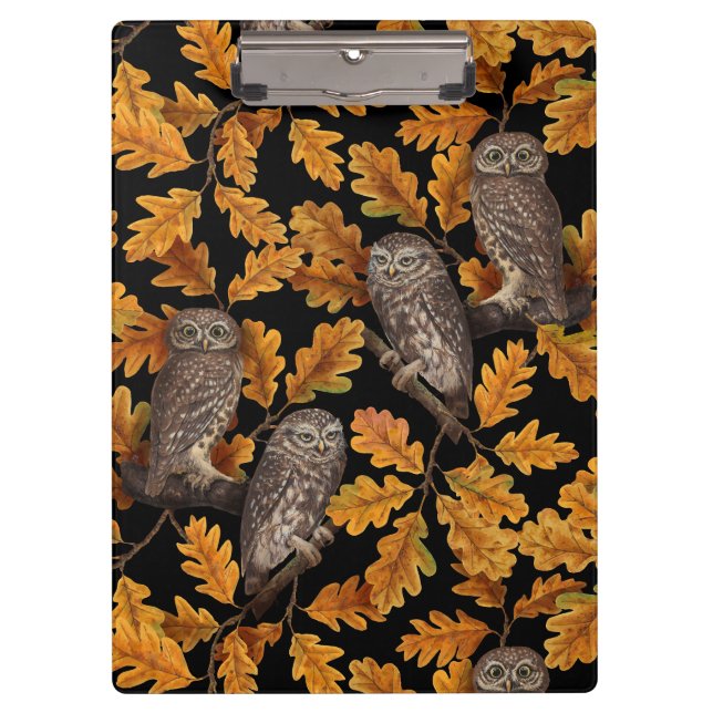 Autumn owls on black clipboard (Front)