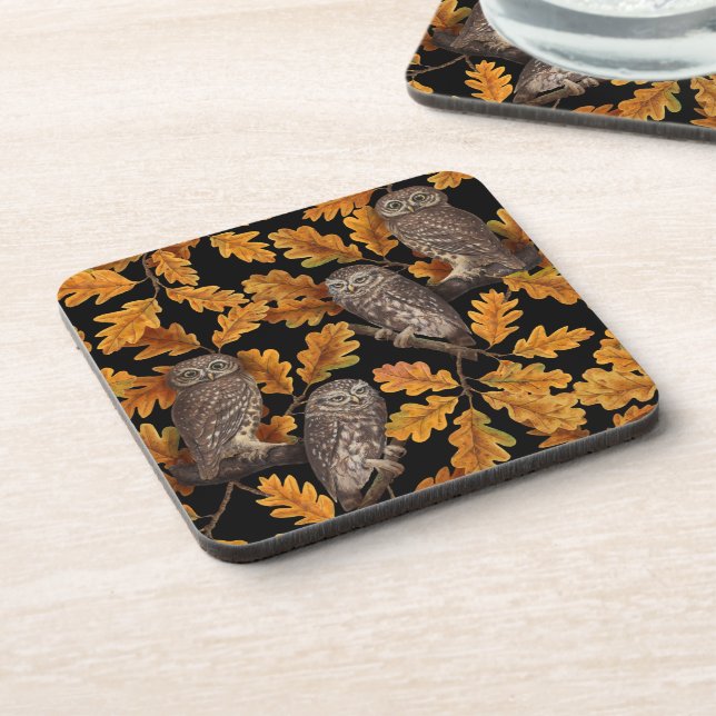 Autumn owls on black coaster (Left Side)