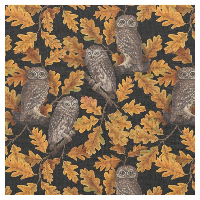 Autumn owls on black fabric (Close Up)