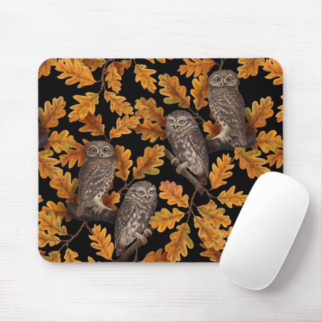 Autumn owls on black mouse pad (With Mouse)
