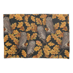 Autumn owls on black pillowcase